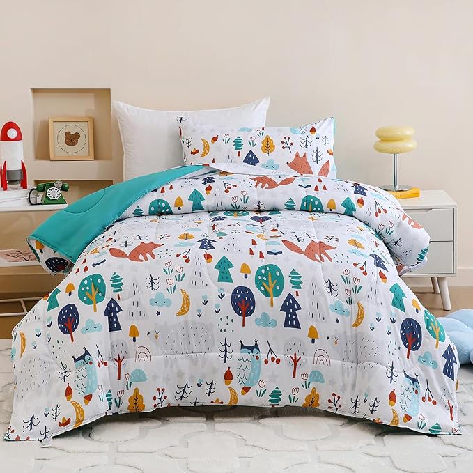 Toddler Comforter Set for Kids, Boys, Girls, 4 Pieces Bed-in-a-Bag Bedding Set, All Season Ultra Soft Sheets Set with Comforter, Forest Fox