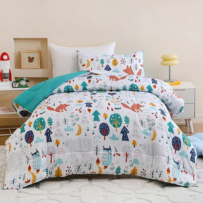 Toddler Comforter Set for Kids, Boys, Girls, 4 Pieces Bed-in-a-Bag Bedding Set, All Season Ultra Soft Sheets Set with Comforter, Forest Fox