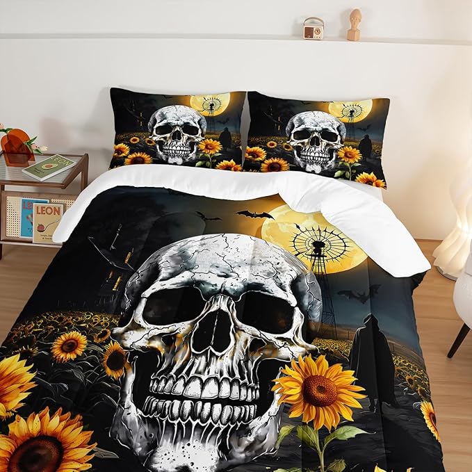 Skull Comforter Set for Gothic Decor Bedroom,Sunflower Floral Bat Print Bedding Twin Size Comforter Set for Kids Boys Girls,Dark Night Halloween Horror Bedding Set with 2 Pillowcases.