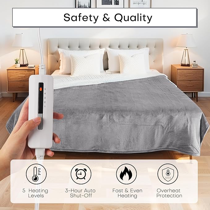 50"x60" Heated Electric Blanket Throw Thickened Flannel and Sherpa Heated Blanket, 3 Hours Timer Auto-Off & 5 Heating Levels, Machine Washable, Ash Gray