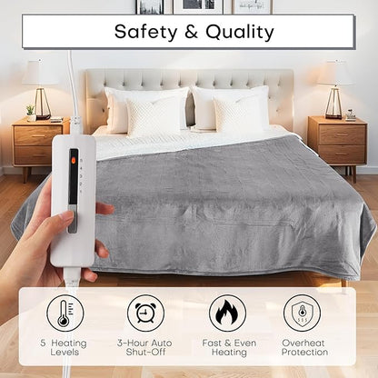 50"x60" Heated Electric Blanket Throw Thickened Flannel and Sherpa Heated Blanket, 3 Hours Timer Auto-Off & 5 Heating Levels, Machine Washable, Ash Gray