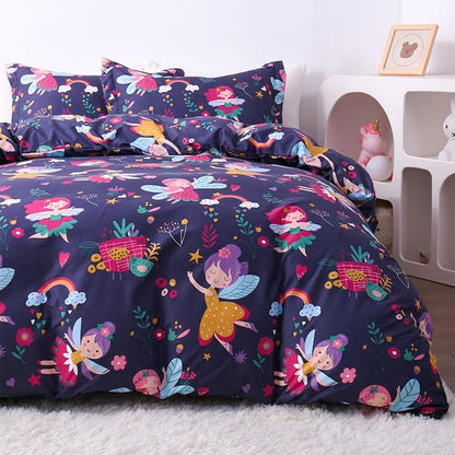 JSD Fairy Floral Kids Duvet Cover Set Full Size, 3 Piece Girls Printed Microfiber Comforter Cover with Pillow Shams Zipper Closure, Comforter Not Included