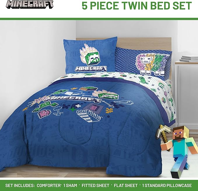 Jay Franco Kids Comforter Set Includes Sheets and Pillow Covers - Soft and Cozy Bed Set for Stylish Room Decor, Blue - Minecraft 02, 5 Piece Twin Bedding