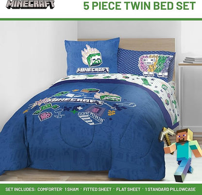 Jay Franco Kids Comforter Set Includes Sheets and Pillow Covers - Soft and Cozy Bed Set for Stylish Room Decor, Blue - Minecraft 02, 5 Piece Twin Bedding