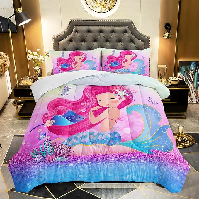 Mermaid Butterfly Comforter Set Queen Size Fairy Tale Sea Shell Grass Bedding Set Colorful Rainbow Quilt Bed Set for Kid Girls with 1 Comforter and 2 Pillowcases