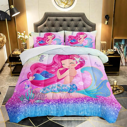 Mermaid Butterfly Comforter Set Queen Size Fairy Tale Sea Shell Grass Bedding Set Colorful Rainbow Quilt Bed Set for Kid Girls with 1 Comforter and 2 Pillowcases