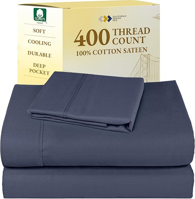 California Design Den Twin XL Sheet Sets - Soft 400 Thread Count Sateen, Natural 100% Cotton Sheets with Deep Pockets, Durable Bedding Set - Indigo Dusty Blue