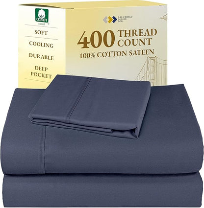 California Design Den Twin XL Sheet Sets - Soft 400 Thread Count Sateen, Natural 100% Cotton Sheets with Deep Pockets, Durable Bedding Set - Indigo Dusty Blue