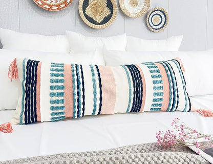 Chenille and Cotton Long Pillow for Bed,Striped Textured Boho Long Lumbar Throw Pillow Cover 14x36,Neutral Accent Decorative Extra Long Body Pillow Case for Couch Sofa Bedroom,Turquoise