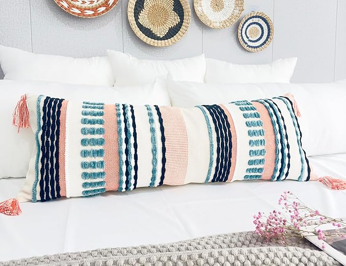 Chenille and Cotton Long Pillow for Bed, Striped Textured Boho Lumbar Throw Pillow Cover 12x36, Neutral Accent Decorative Extra Long Body Pillow Case for Couch, Sofa, Bedroom, Turquoise