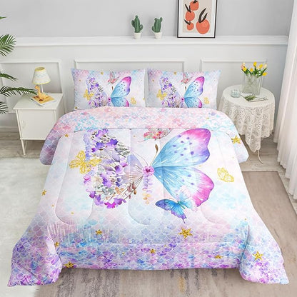 Cartoon Butterfly Comforter Set Watercolor Butterfly Printed Bedding Set with 1 Comforter and 2 Pillowcases for Boys and Girls Bedroom All Season(Butterfly Full)