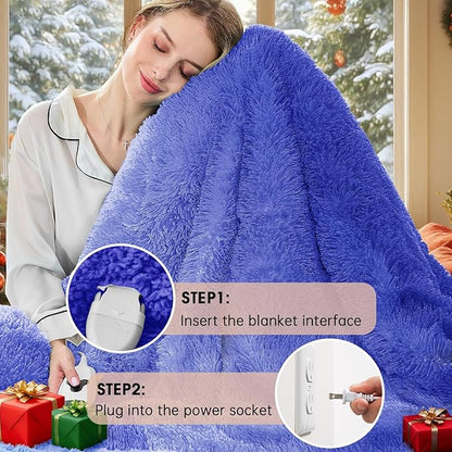Heated Electric Blanket Twin–Faux Fur with Soft Thick Sherpa,Warm Winter Birthday Gifts for Women Grandma，10 Heat Settings,5 Time Settings with Fast Heating, 62x84, Glacier Blue
