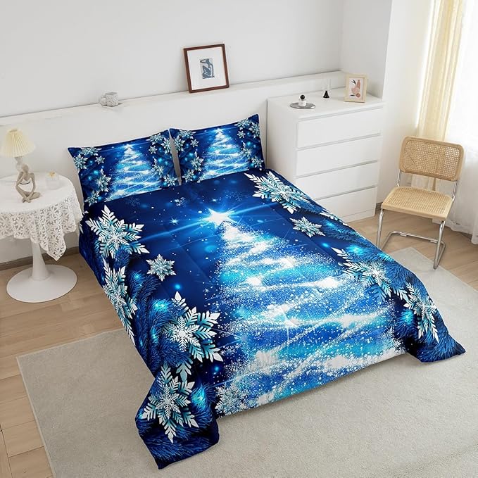Feelyou Girls Christmas Tree Comforter Set Blue Xmas Theme Comforter Toddler Chic Winter Snowflake Bedding Set for Girls Daughter Bedroom Decor Soft Girly Glitter Quilted Duvet Winter Warm Bedding
