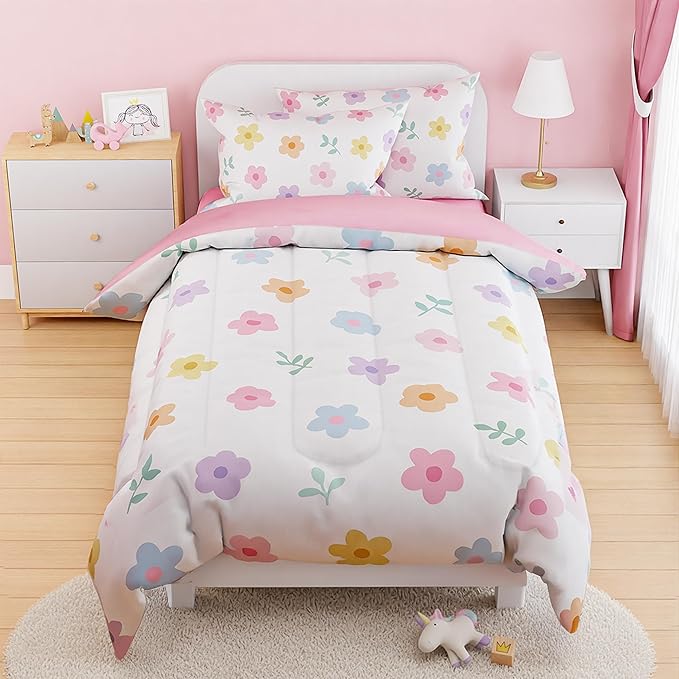 SANDJEST Floral Comforter Set Twin Size 68x86in for Kids Girls, Microfiber 3 Pcs Bedding Set Includes 1 Comforter, 1 Pillowcase, 1 Fitted Sheet, Nursery Room Decor