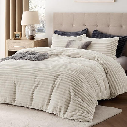 Bedsure Fluffy Duvet Cover Set - Ultra Soft Plush Shaggy Comforter Cover King Size, Warm Flannel Fleece Bed Sets for Winter, 3 Pieces (Striped Pattern, Linen)