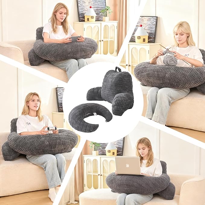 Back Pillow for Bed Sitting Up,U Shaped & Back Support Pillow for Bed,17" Backrest with Lumbar & Arm Support,Comfy Corduroy Fabric,Lap Pillow for Gaming/Reading/Watching TV,Gray