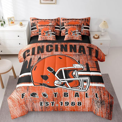 Erosebridal 7Pcs Gridiron Bed in A Bag King Size Cincinnati Bedding Set Sports Room Decor for Men Women Football City Sports Decor Comforter Sets with Sheets Retro Watercolor Grunge Rugby Bed Set