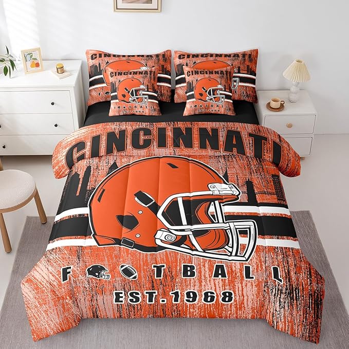 Erosebridal 7Pcs Gridiron Bed in A Bag Queen Size Cincinnati Bedding Set Sports Room Decor for Men Women Football City Sports Decor Comforter Sets with Sheets Retro Watercolor Grunge Rugby Bed Set