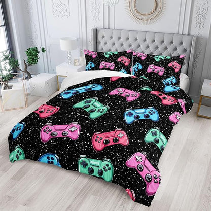 Colorful Gamer Console Comforter 3Pcs Twin Games Contoller Bedding Set for Kids Teens Boys Girls Adults 3D Video Game Gamepad Quilt Room Decor with 1 Comforter and 2 Pillowcases