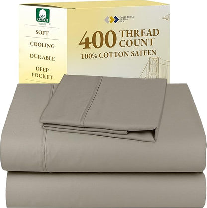 California Design Den Soft Twin Sheets Set - 400 Thread Count Sateen, Natural 100% Cotton Sheets, Deep Pockets, and Durable Bedding Set for Dorm Rooms & Adults - Taupe