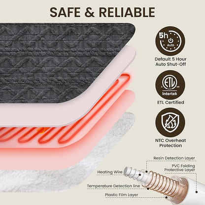 Heated Blanket Electric Blanket 62"x84", Soft Taffeta Sherpa Electric Throw with 5 Heating Level & 1-12 Hour Auto Off, Heated Throw with Overheating Protection, Machine Washable (Dark Grey)