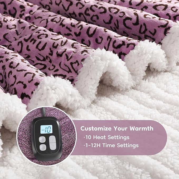 Electric Heated Blanket Full Size - 72"x84", Leopard Print Flannel Soft Heating Blanket, 10 Heating Levels, 1-12 H Auto Shut Off, Breathable Warm and Washable for Bed, Black Purple