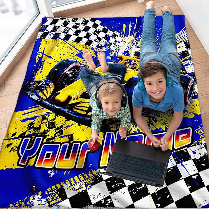 Personalized Blanket for Boys, Racing Car Throw Blanket Gifts for Kids Boys Age 10-12, 50"x60" Cool Custom Flannel Blankets Gift for Son Cars Lovers Lightweight Throws for Couch Sofa Bed Decor