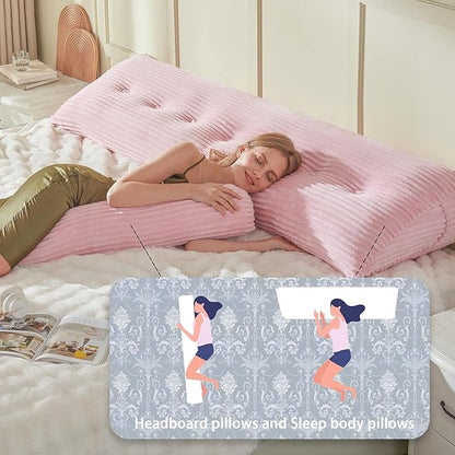 Headboard Wedge Pillow + A Long Neck Roll Pillow Body Pillow，Large Headboard Pillow with Removable Cover (Pink, Queen：59x8x20 inches)