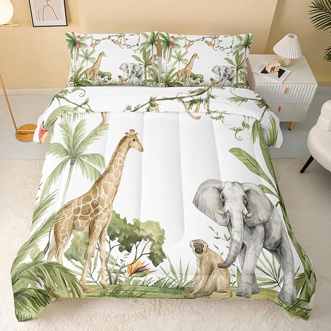 QOOMO Elephant Giraffe Monkeys Comforter King Size,Wild Animals Kids Comforter Set,3Pcs Bedding Set Printed Comforter with 2 Pillowcases,Down Alternative,Soft and Lightweight,for All Seasons