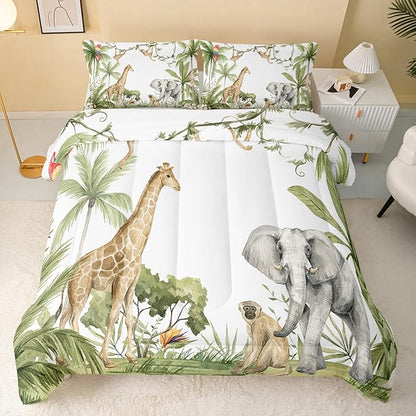 QOOMO Elephant Giraffe Monkeys Comforter King Size,Wild Animals Kids Comforter Set,3Pcs Bedding Set Printed Comforter with 2 Pillowcases,Down Alternative,Soft and Lightweight,for All Seasons