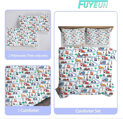 Cartoon Truck Comforter Set Twin: Construction Bedding Set for Boys Kids Children Bedroom Dorm White Cute Cars Quilt 1 Comforter + 1 Pillow Case