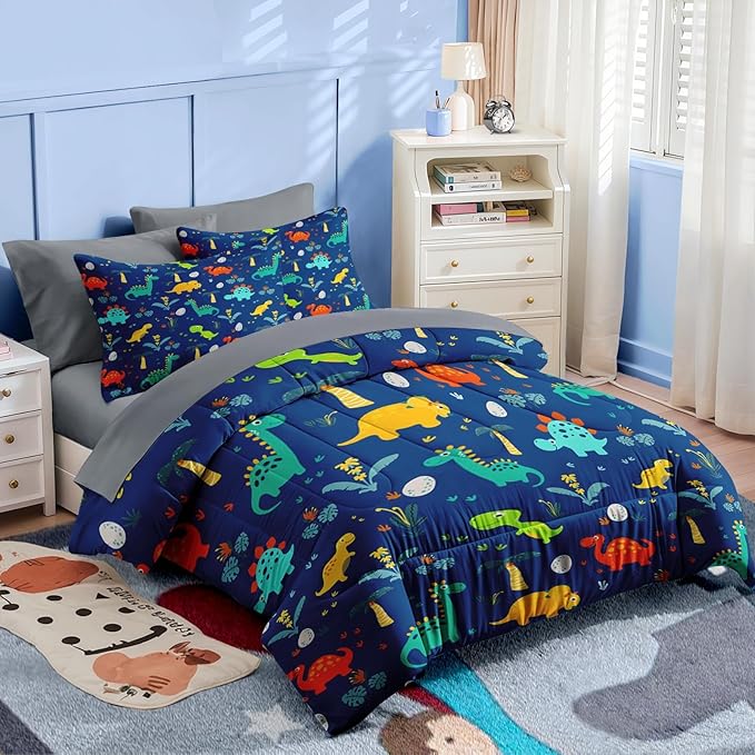 Nesker Comforter Set Full Size, Blue Dino 7 Pcs Bedding for Kids Teens, Dinosaur with Fitted Sheet 2 Pillowcases & 2 Shams for Bedroom Bed Decor