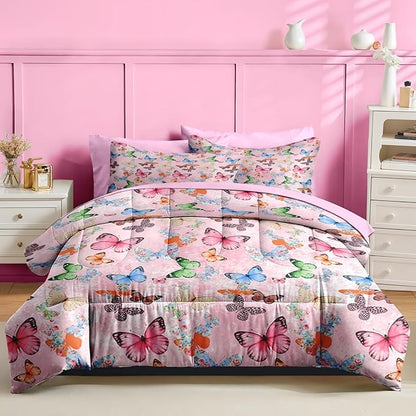 Nesker 7 Pcs Comforter Set Queen Size, Colorful Butterfly Bedding for Kids Teen, Cute Butterflies with Fitted Sheet 2 Pillowcases & 2 Shams for Bedroom Bed Decor