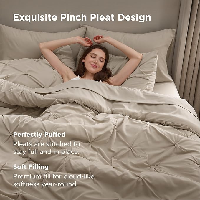 Bedsure Queen Comforter Set Beige - Bed in a Bag Queen Size Bedding 7 Pieces, GentleSoft™ Pintuck Bed Set Gift for Family, Pinch Pleat All Season Comforter with Sheets, Pillowcases & Shams