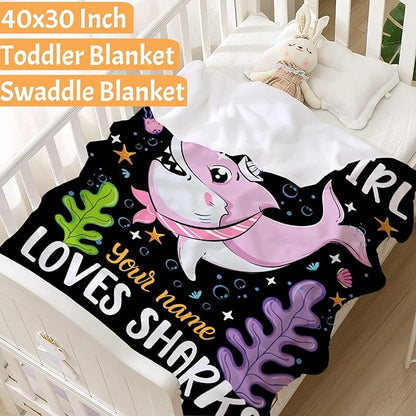 Custom Just A Girl Who Loves Sharks Blankets Gifts for Kids Adult On Bed Sofa,Personalized Premium Flannel Blankets for Birthday Christmas Thanksgiving All Season Use 30''x 40'' -XS