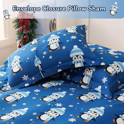 JSD Penguin Snowflakes Kids Christmas Duvet Cover Set Twin Size, 2 Piece Xmas Comforter Cover with Pillow Sham Zipper Closure, Comforter Not Included