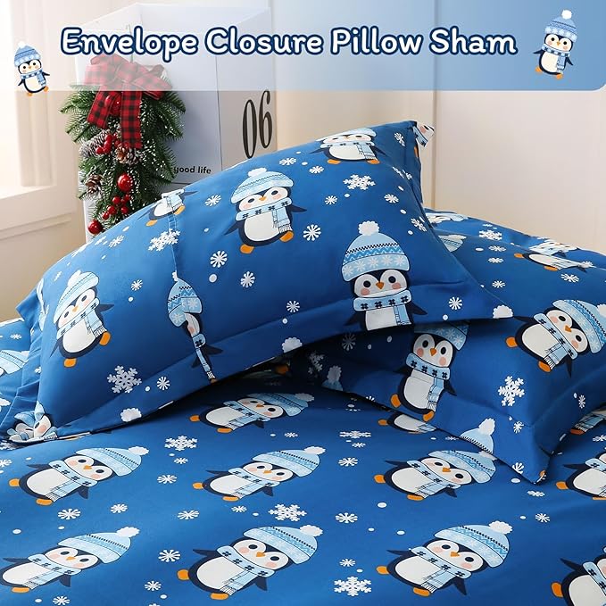 JSD Penguin Snowflakes Kids Christmas Duvet Cover Set Queen Size, 3 Piece Xmas Comforter Cover with Pillow Sham Zipper Closure, Comforter Not Included