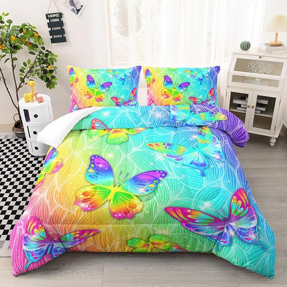 Rainbow Butterfly Twin Size Comforter Set for Girls, Colorful Quilt Set Room Decor, 1 Comforter and 2 Pillowcases