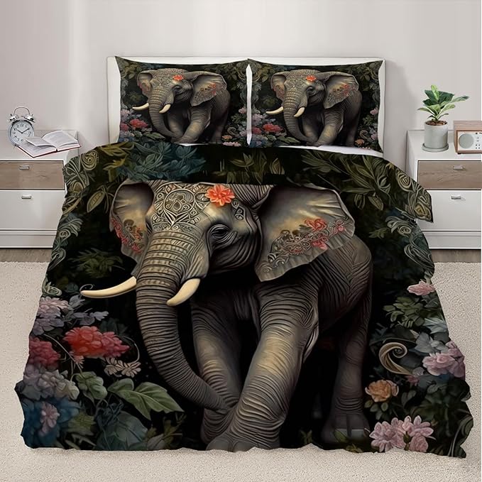 Elephant Duvet Cover Oversized King Retro Tropical Elephant Bedding Set 3 Piece Bedroom Decor Boho Jungle Comforter Cover and 2 Pillow Sham with Zipper Closure