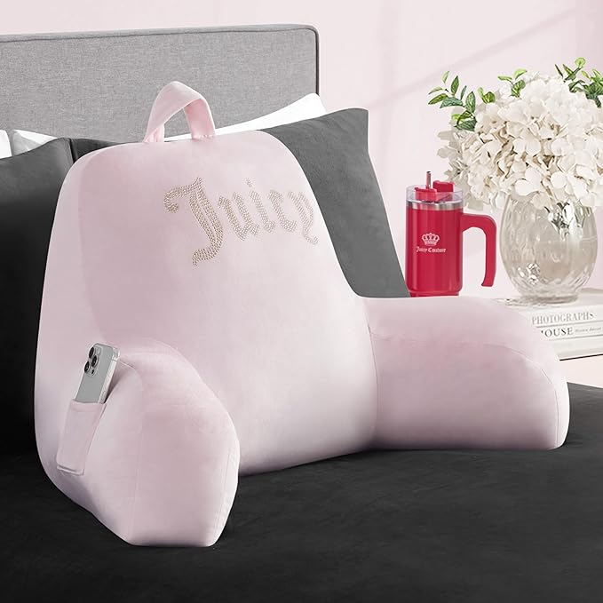 Juicy Couture Velour Backrest Pillow with Rhinestone Juicy Logo - 30"x17", Light Pink Supportive Bed Rest Pillow for Reading, Gaming, or Relaxing