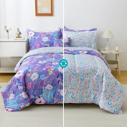 Mooreeke Kids Full Comforter Sets for Girls 8 Pieces Purple Floral Bedding Set for Teens Microfiber Flowers Kids Bed in A Bag with Comforter, Sheet Set, Shams and Decorative Toy Pillow All Season