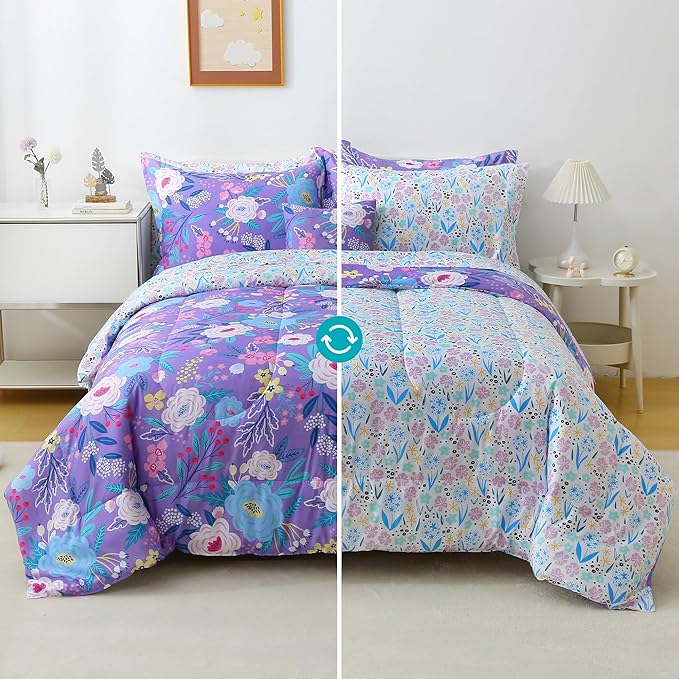 Mooreeke Kids Twin Comforter Sets for Girls 6 Pieces Purple Floral Bedding Set for Teens Microfiber Flowers Kids Bed in A Bag with Comforter, Sheet Set, Shams and Decorative Toy Pillow All Season