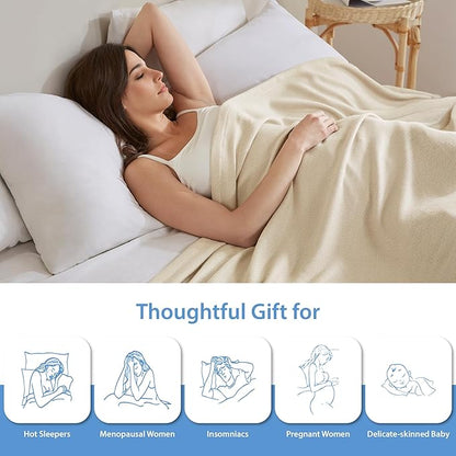 Twin Size Blanket, 70% Rayon (Derived from Bamboo) and 30% Cotton, Lightweight Jacquard Weave, Breathable and Soft Summer Blanket for Bed or Couch, 66” x 90”, Ivory