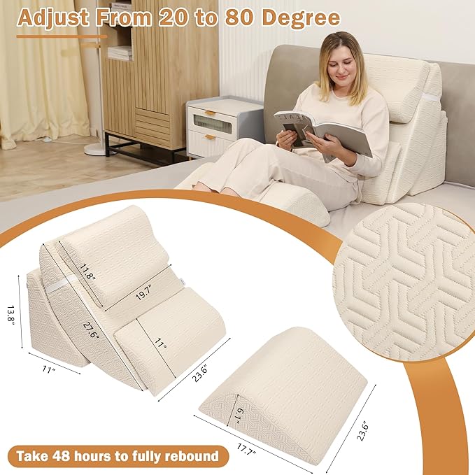Betterhood 5pcs Orthopedic Bed Wedge Pillow Set, Adjustable Memory Foam, Post Surgery Foam for Back Neck & Leg Pain Relief Support, Acid Reflux, Snoring Reading, Sleeping, Sitting up, Beige