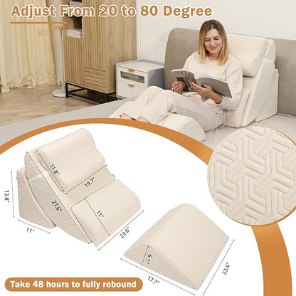 Betterhood 5pcs Orthopedic Bed Wedge Pillow Set, Adjustable Memory Foam, Post Surgery Foam for Back Neck & Leg Pain Relief Support, Acid Reflux, Snoring Reading, Sleeping, Sitting up, Beige