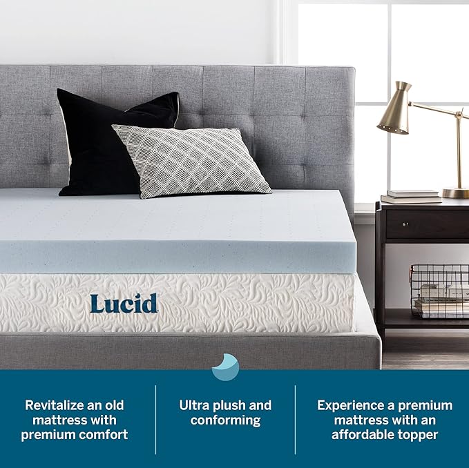 Lucid 4 Inch Memory Foam Mattress Topper, California King Size – Cooling Gel Bed Topper – Preassure-Relieving Ultra Plush Feel – Ventilated Breathable Design – CertiPur Certified - Dorm Essentials