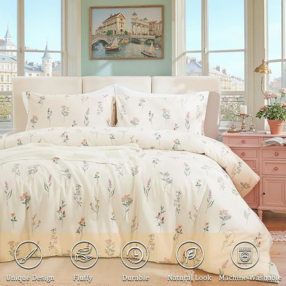 Cream Duvet Cover Set Queen Size 100% Washed Cotton Linen Like Textured Comforter Cover 3 Pcs Luxury Soft and Breathable Floral Duvet Cover with Zipper Closure