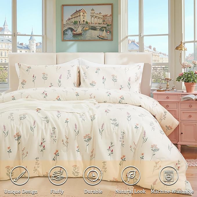 Cream Duvet Cover Set King Size 100% Washed Cotton Linen Like Textured Comforter Cover 3 Pcs Luxury Soft and Breathable Floral Duvet Cover with Zipper Closure