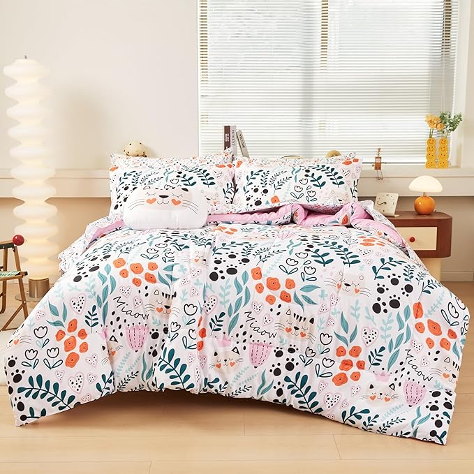 Mooreeke Full Size Comforter Sets for Girls Kids, 8 Pieces Bed in a Bag Flower and Cat Bedding Comforter Sheet Set with Shams and Decorative Toy Pillow, Ultral Soft Microfiber Kids Bed Set