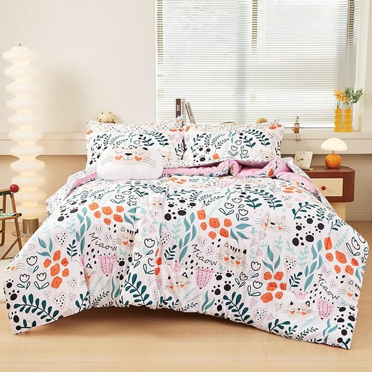 Mooreeke Full Size Comforter Sets for Girls Kids, 8 Pieces Bed in a Bag Flower and Cat Bedding Comforter Sheet Set with Shams and Decorative Toy Pillow, Ultral Soft Microfiber Kids Bed Set